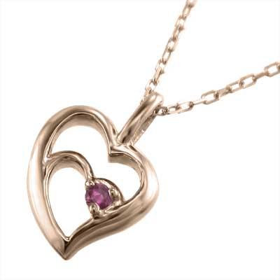 ルビー ペンダントネックレス 7月誕生石 ハート 一粒石 10金ピンクゴールドの画像
