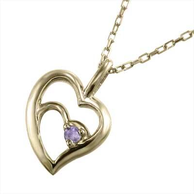 ペンダントネックレス 一粒石 アメジスト(紫水晶) 2月の誕生石 イエローゴールドk10 ハートの画像