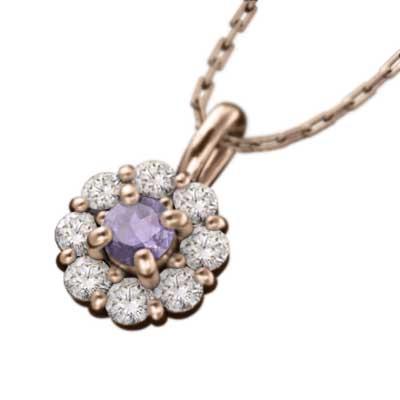 ペンダントネックレス フラワー 18金ピンクゴールド 2月の誕生石 アメジスト(紫水晶)の画像