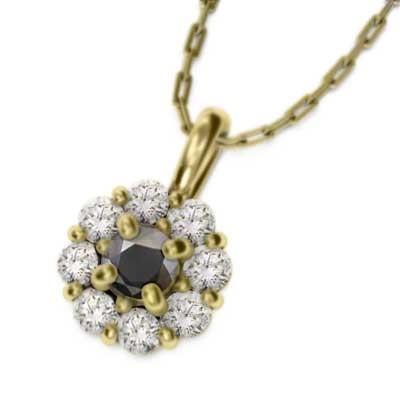フラワー ペンダントトップとネックレス 4月の誕生石 イエローゴールドk18 ブラックダイアモンドの画像