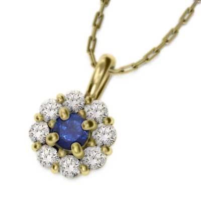 9月誕生石 フラワー ペンダントトップとネックレス 18金イエローゴールド サファイヤの画像