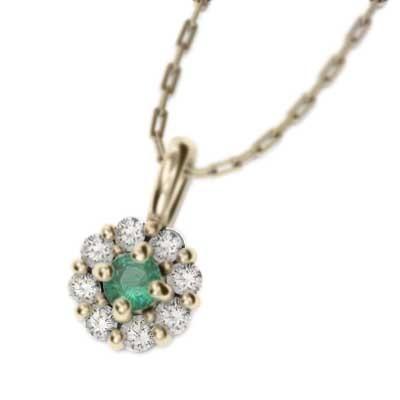 5月の誕生石 エメラルド フラワー ペンダントトップとネックレス 10金イエローゴールドの画像