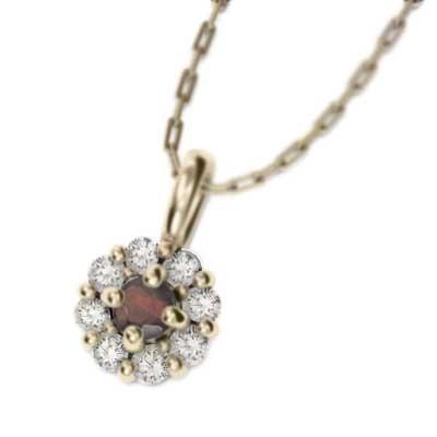 10金イエローゴールド 1月の誕生石 フラワー ガーネット ペンダントトップとネックレスの画像