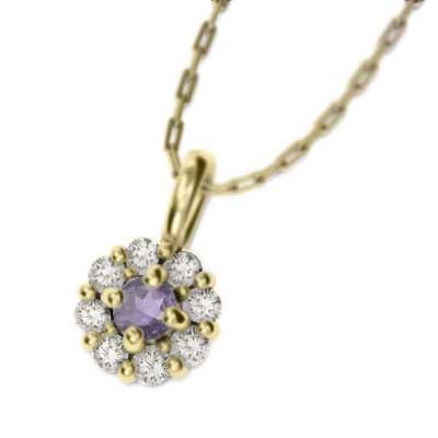 18金イエローゴールド 2月の誕生石 フラワー ペンダント アメシスト(紫水晶)の画像