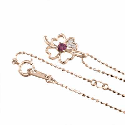 7月の誕生石 クローバー ペンダントトップとネックレス k10ピンクゴールド ルビーの画像
