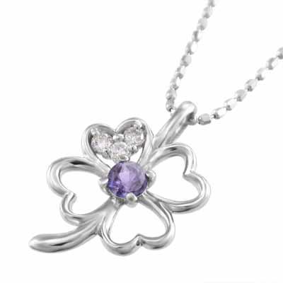Pt900 ペンダントトップとネックレス 2月の誕生石 クローバー アメジスト(紫水晶)の画像