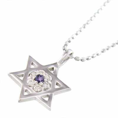 10金ホワイトゴールド スター アメシスト(紫水晶) ペンダント 2月誕生石 六芒星の画像