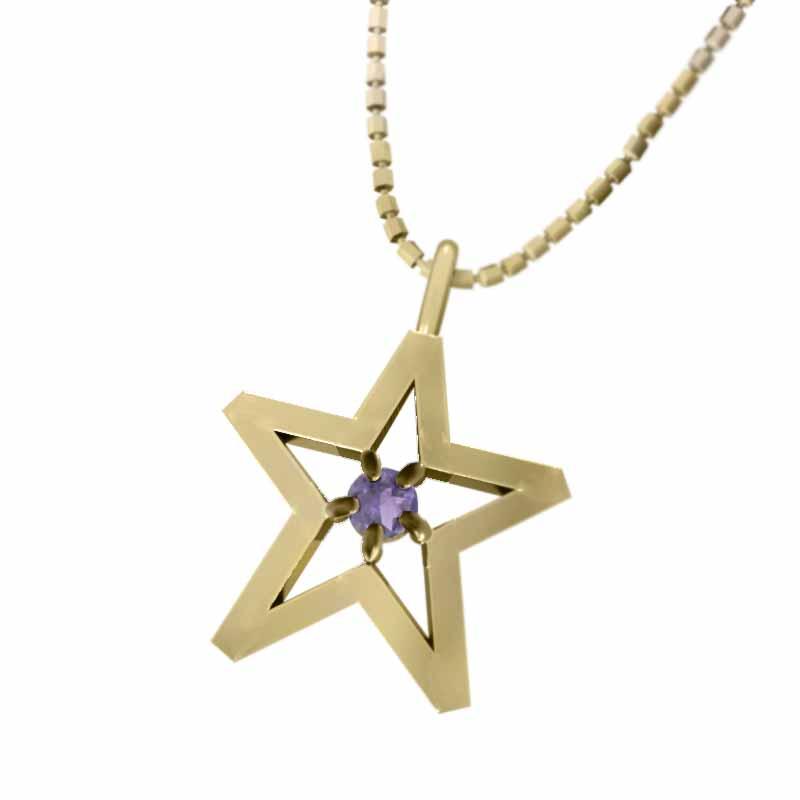 18金イエローゴールド 一粒石 アメジスト(紫水晶) 2月の誕生石 ペンダントネックレス スターの画像
