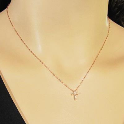 ダイアモンド 4月誕生石 ミニ ネックレスジュエリー クロス 約0.05カラット k18ピンクゴールドの画像