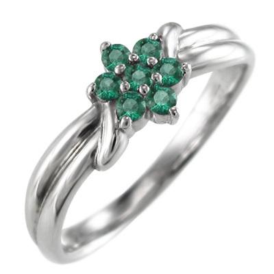 リング 5月の誕生石 エメラルド フラワー k10ホワイトゴールドの画像