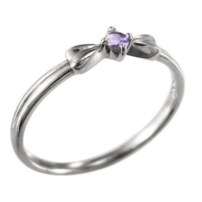 一粒石 スレンダー 2月誕生石 アメジスト(紫水晶) リボン リング ホワイトゴールドk10の画像