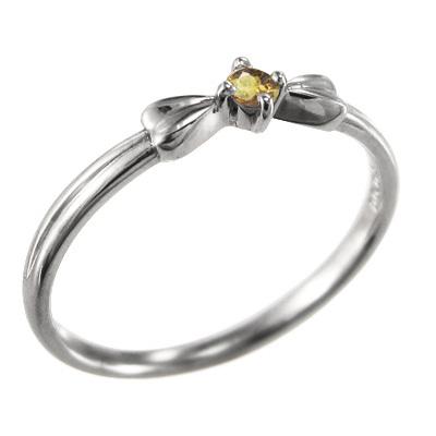 リボン 10金ホワイトゴールド 11月誕生石 (黄水晶)シトリン 一粒石 スレンダー 指輪の画像