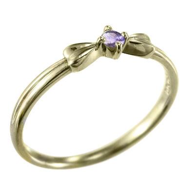 リボン 一粒石 2月誕生石 リング スレンダー アメシスト(紫水晶) k10イエローゴールドの画像