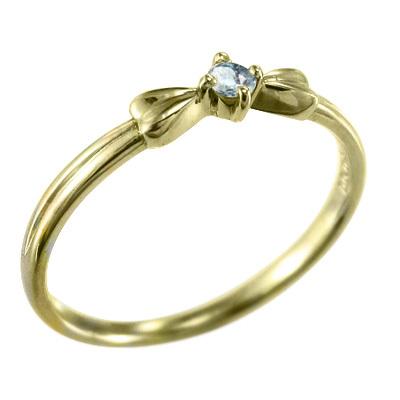 一粒石 リボン リング 3月の誕生石 アクアマリン スレンダー K18の画像