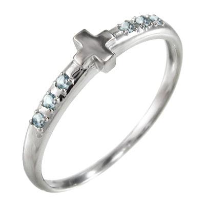 10金ホワイトゴールド 3月の誕生石 クロス リング アクアマリンの画像