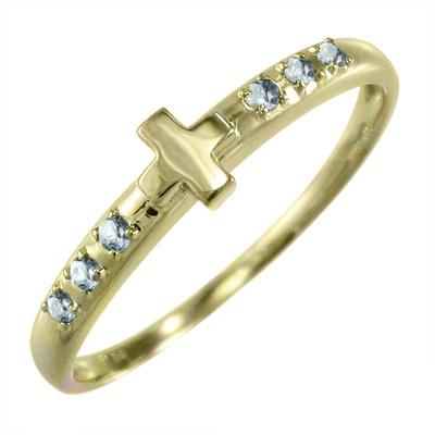 リング アクアマリン 3月の誕生石 クロス 18金イエローゴールドの画像