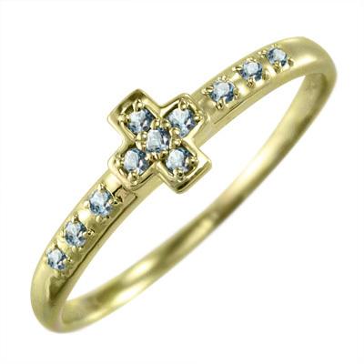 指輪 3月の誕生石 クロス k18イエローゴールド アクアマリンの画像