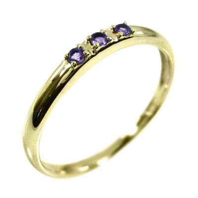 アメジスト(紫水晶) 2月の誕生石 スリーストーン リング k10イエローゴールドの画像