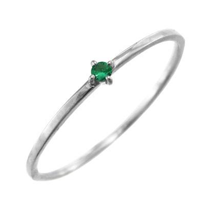 リング 18金ホワイトゴールド スレンダー 5月の誕生石 極細 一粒石 エメラルドの画像