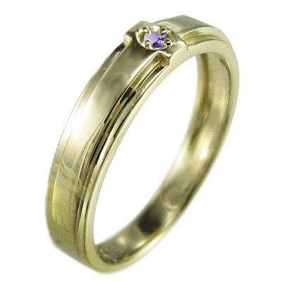 アメジスト(紫水晶) クロス 2月誕生石 一粒石 イエローゴールドk10 リングの画像
