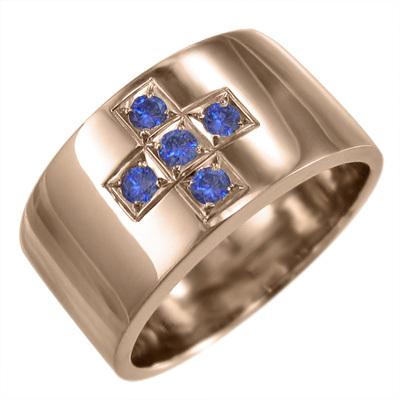 k10ピンクゴールド 平らな指輪 クロス ジュエリー 5石 幅広 指輪 9月誕生石 サファイア 約1cm幅