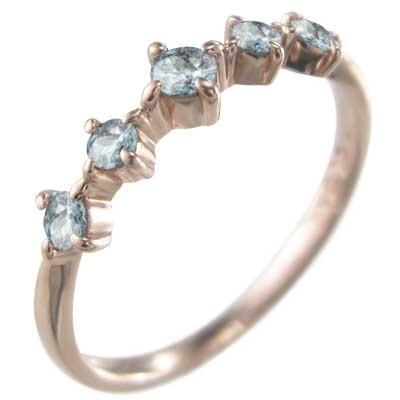 ピンクゴールドk10 指輪 アクアマリン ハーフエタニティリング 3月誕生石 ファイブストーンの画像