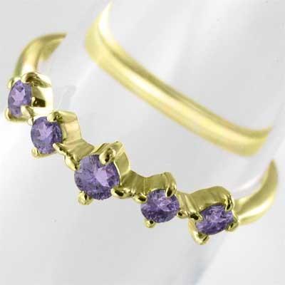 イエローゴールドk18 アメジスト(紫水晶) 2月誕生石 ファイブストーン ハーフエタニティリング リングの画像