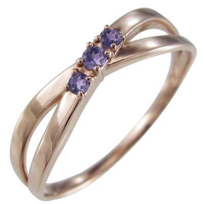 クロス スリーストーン アメジスト(紫水晶) 2月誕生石 リング ピンクゴールドk18の画像