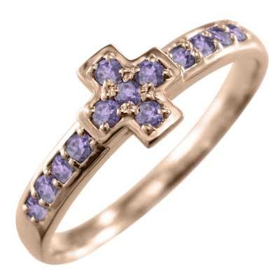 2月の誕生石 ピンクゴールドk18 アメジスト(紫水晶) クロス リングの画像