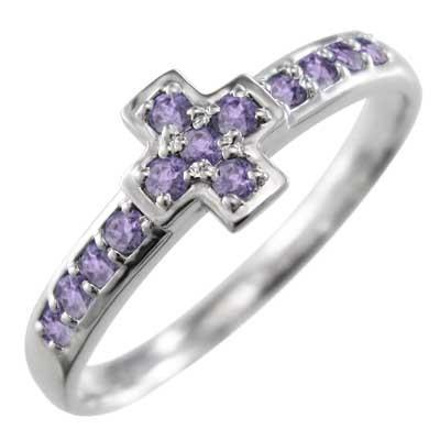 2月の誕生石 リング k18ホワイトゴールド クロス アメシスト(紫水晶)の画像