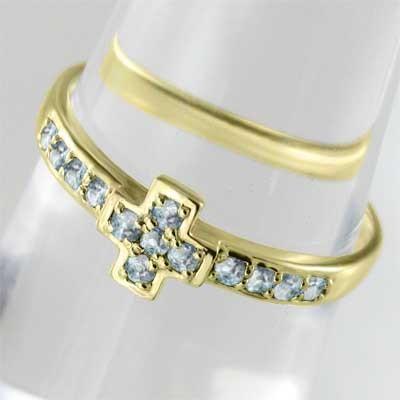 クロス 3月の誕生石 リング k18イエローゴールド アクアマリンの画像