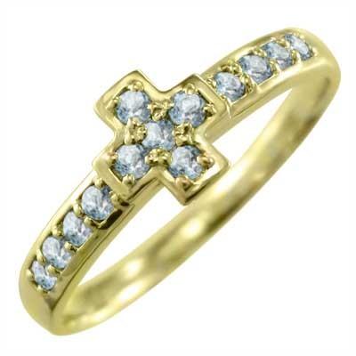クロス 3月の誕生石 リング k18イエローゴールド アクアマリンの画像