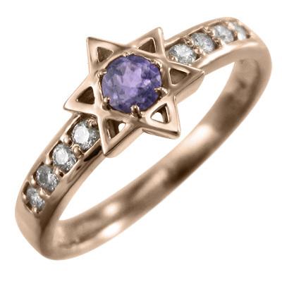 アメジスト(紫水晶) ピンクゴールドk10 2月誕生石 スター 六芒星 リングの画像