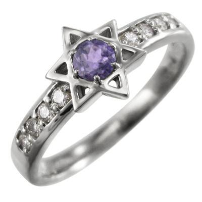 2月の誕生石 六芒星 スター アメシスト(紫水晶) k10ホワイトゴールド リングの画像