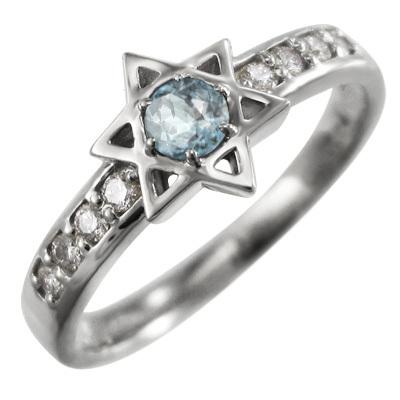 スター リング 六芒星 3月の誕生石 k10ホワイトゴールド アクアマリンの画像