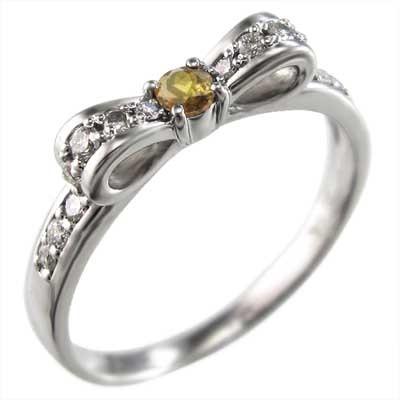 リボン 11月誕生石 シトリン(黄水晶) k10ホワイトゴールド リングの画像
