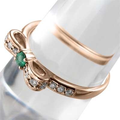 エメラルド リング 5月の誕生石 ピンクゴールドk18 リボンの画像