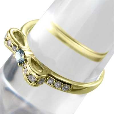 リング アクアマリン リボン k18イエローゴールド 3月の誕生石の画像
