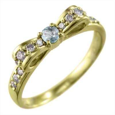 リング アクアマリン リボン k18イエローゴールド 3月の誕生石の画像