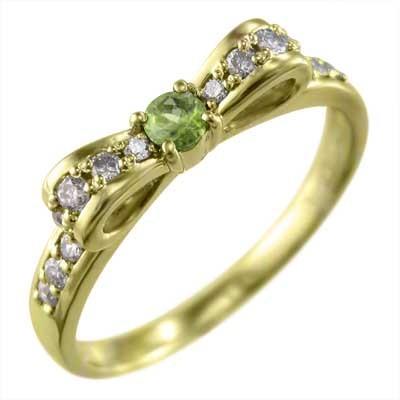 8月の誕生石 リボン ペリドット リング k18イエローゴールドの画像
