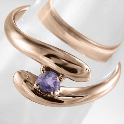 2月誕生石 蛇 リング 一粒石 アメシスト(紫水晶) 18金ピンクゴールドの画像