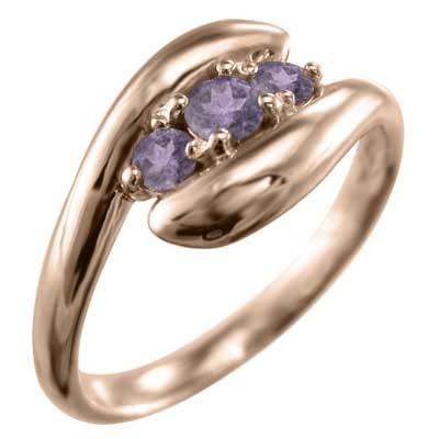 2月の誕生石 スリーストーン アメシスト(紫水晶) リング 10金ピンクゴールド 蛇の画像