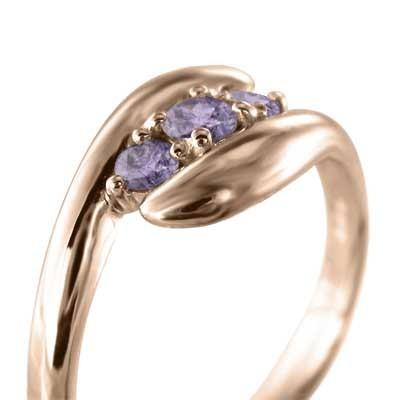 2月の誕生石 スリーストーン アメシスト(紫水晶) リング 10金ピンクゴールド 蛇の画像