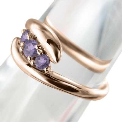 スリーストーン アメジスト(紫水晶) リング 蛇 2月の誕生石 ピンクゴールドk10の画像