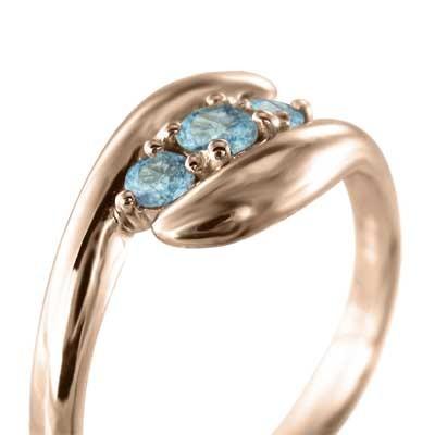 11月誕生石 ブルートパーズ スリーストーン k10ピンクゴールド 蛇 指輪の画像
