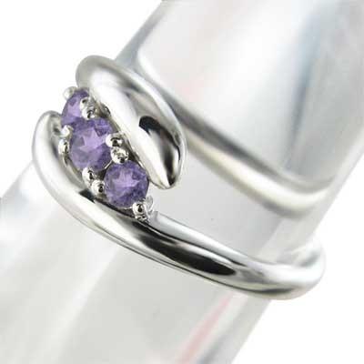 リング 2月の誕生石 アメシスト(紫水晶) 蛇 スリーストーン 10金ホワイトゴールドの画像