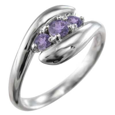リング 2月の誕生石 アメシスト(紫水晶) 蛇 スリーストーン 10金ホワイトゴールドの画像