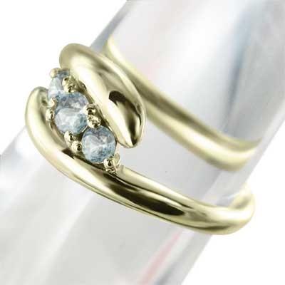スリーストーン k10イエローゴールド 3月の誕生石 蛇 リング アクアマリンの画像