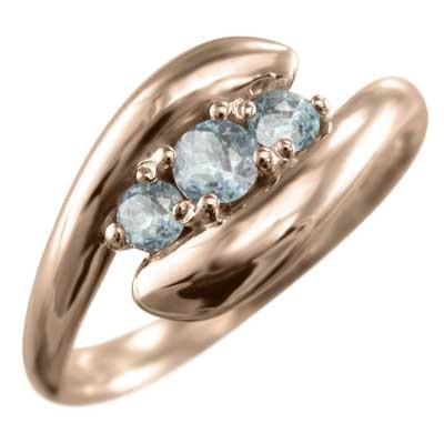 人気が高い  ヘビ ピンクゴールドk18 リング スリーストーン 3月の誕生石 アクアマリン 指輪