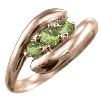ペリドット 指輪 蛇 スネーク 3ストーン 8月誕生石 ピンクゴールドk18